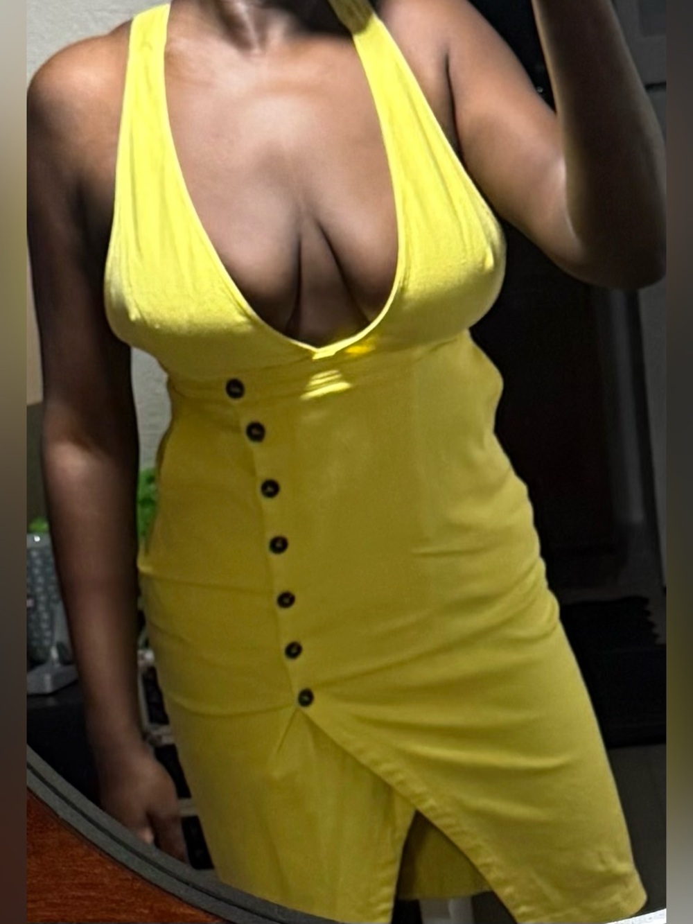 ASTR The Label Yellow Plunge Button Front Mini Dress